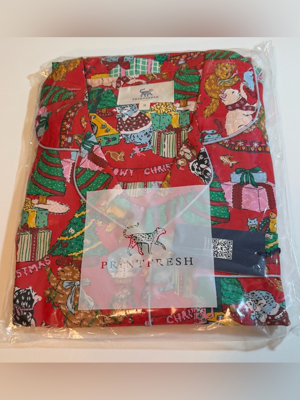 Printfresh Meowy Christmas Cotton Pajama Set Size 1X NWT Long Sleeve Top & Short
